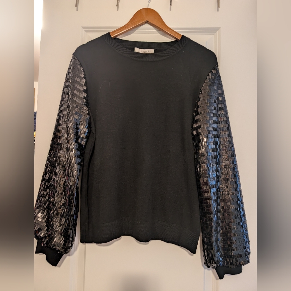 Sinai Milano Womens Fine Blk Sweater Knit /L Sequin Covered Sleeves
